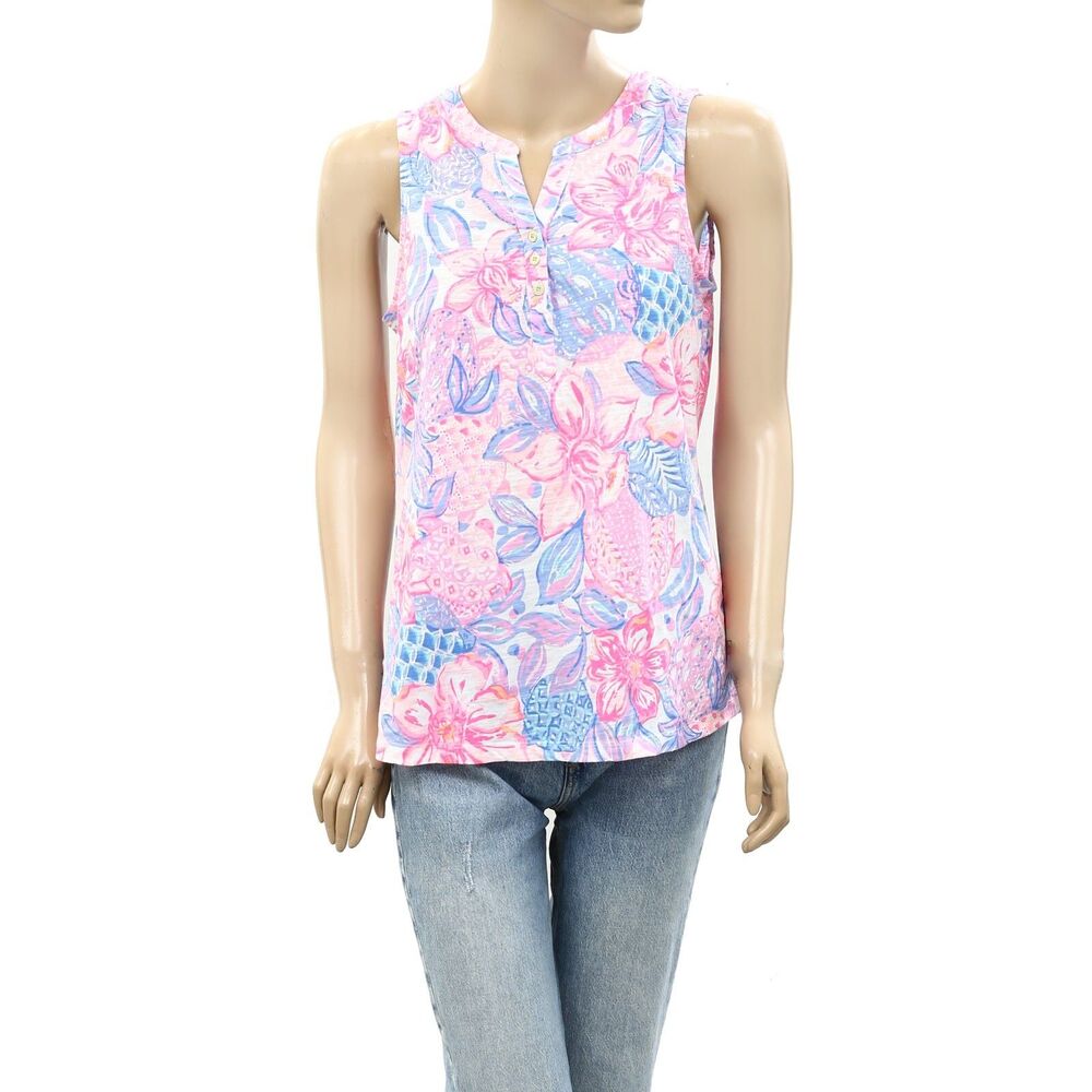 Lilly Pulitzer Floral Printed Tank Blouse Top Sleeveless Cotton Pink S 262490